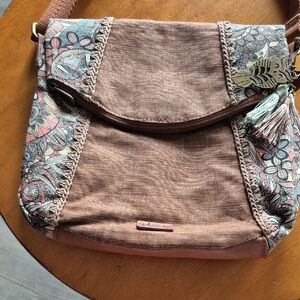 Sakroots Brown Shoulder Bag with Floral Design. Features Original Owl & Tassel